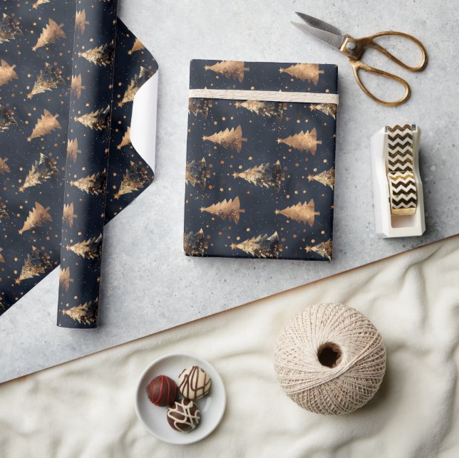 Navy & Gold Christmas Tree Wrapping Paper (Crafts)