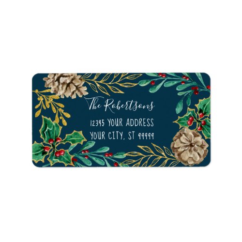 Navy Gold Christmas Watercolor Pine Cone Greenery Label