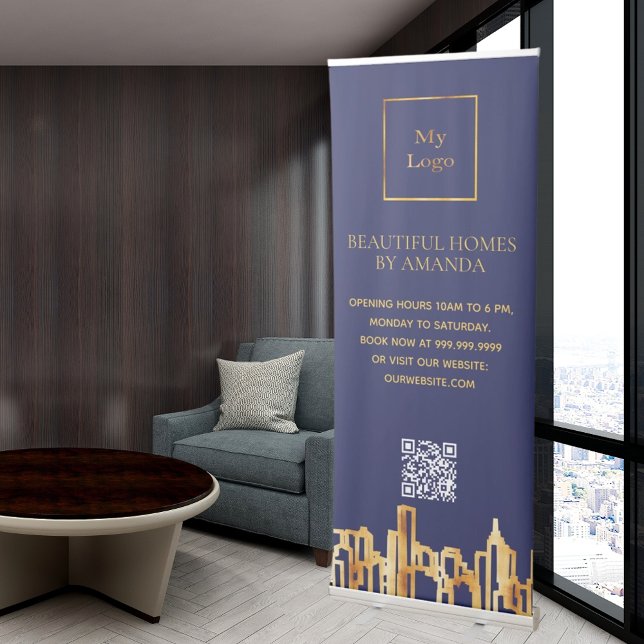 Navy gold city skyline business logo Qr code Retractable Banner (Creator Uploaded)
