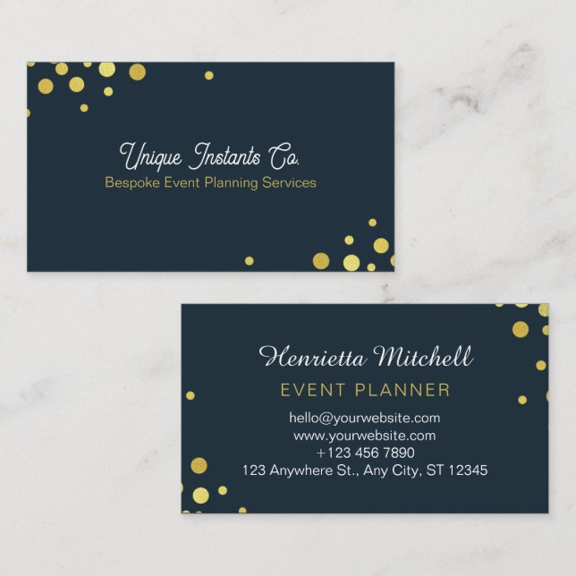 Navy Gold Classic Confetti Event Planner  Business Card (Front/Back)