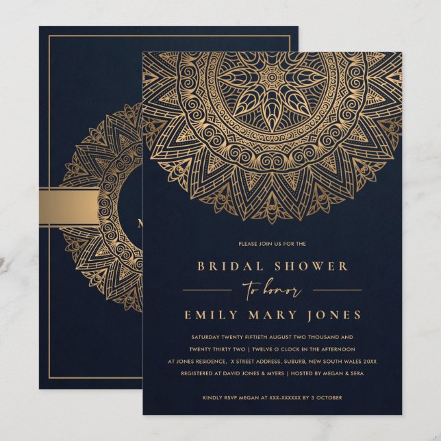 NAVY GOLD CLASSIC ORNATE MANDALA BRIDAL SHOWER INVITATION (Front/Back)