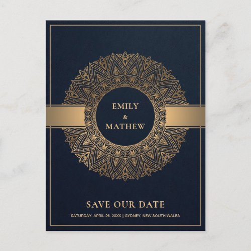NAVY GOLD CLASSIC ORNATE MANDALA SAVE THE DATE ANNOUNCEMENT POSTCARD