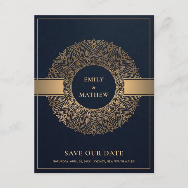 NAVY GOLD CLASSIC ORNATE MANDALA SAVE THE DATE ANNOUNCEMENT POSTCARD (Front)
