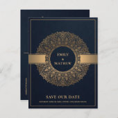 NAVY GOLD CLASSIC ORNATE MANDALA SAVE THE DATE ANNOUNCEMENT POSTCARD (Front/Back)