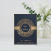 NAVY GOLD CLASSIC ORNATE MANDALA SAVE THE DATE ANNOUNCEMENT POSTCARD (Standing Front)