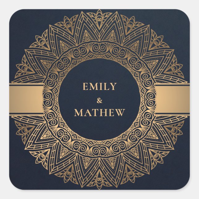 NAVY GOLD CLASSIC ORNATE MANDALA WEDDING SQUARE STICKER (Front)