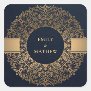 NAVY GOLD CLASSIC ORNATE MANDALA WEDDING SQUARE STICKER