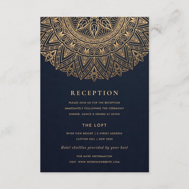 NAVY GOLD CLASSY ORNATE MANDALA WEDDING RECEPTION ENCLOSURE CARD (Front)
