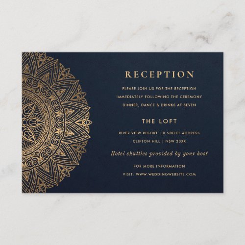 NAVY GOLD CLASSY ORNATE MANDALA WEDDING RECEPTION ENCLOSURE CARD