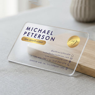 Navy & Gold Company Logo Contact Icons Plastic Clear Business Cards