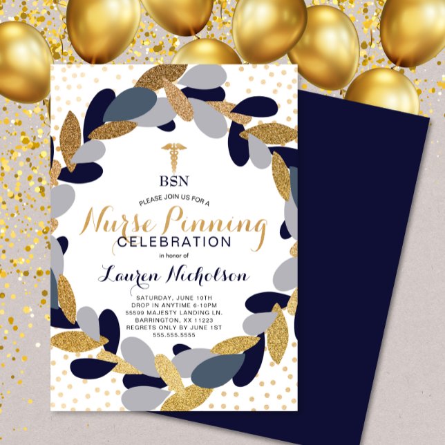 Navy Gold Confetti Nurse Pinning Graduation Party Invitation (Creator Uploaded)