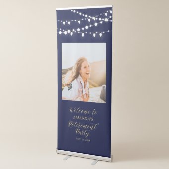 Navy &amp; Gold Confetti Retirement Party Welcome Retractable Banner | Zazzle