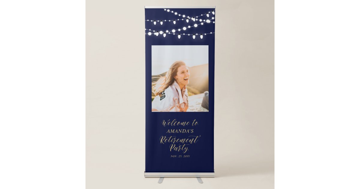 Navy &amp; Gold Confetti Retirement Party Welcome Retractable Banner | Zazzle