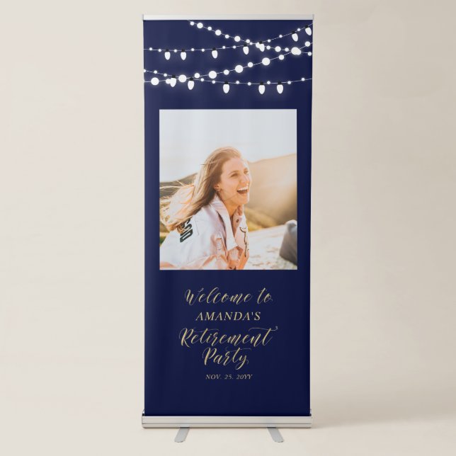 Navy & Gold Confetti Retirement Party Welcome Retractable Banner (Front)
