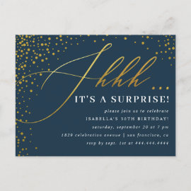 Navy & Gold Confetti Script Surprise Party Invitation Postcard