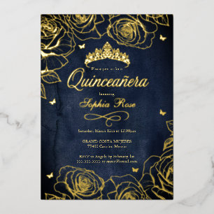 Navy Gold Crown Roses Theme Quinceanera  Foil Invitation