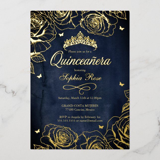 Navy Gold Crown Roses Theme Quinceanera  Foil Invitation (Front)