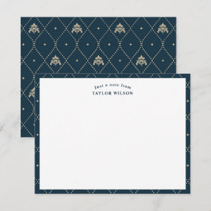 Navy & Gold Damask Lattice Personalized Note Card