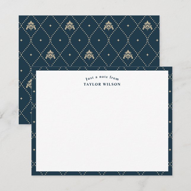 Navy & Gold Damask Lattice Personalized Note Card (Front/Back)