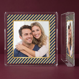 Navy & Gold Diagonal Stripe Frame Photo Acrylic Tray