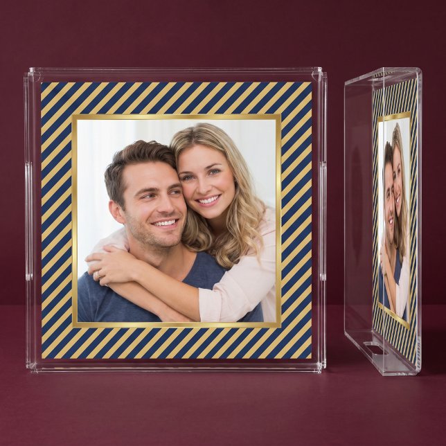 Navy & Gold Diagonal Stripe Frame Photo Acrylic Tray (Creator Uploaded)