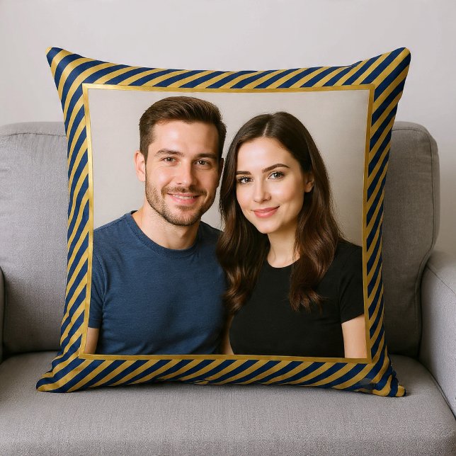 Navy & Gold Diagonal Stripe Frame Photo Throw Pillow (Creator Uploaded)