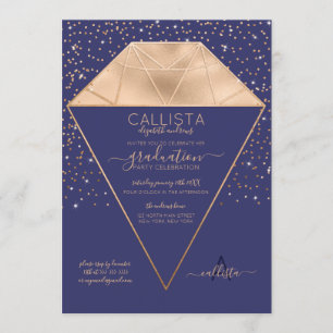 Navy Gold Diamond Confetti Glitter Graduation Invitation
