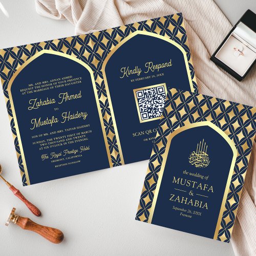 Navy Gold Diamonds Arch QR Code Muslim Wedding Invitation