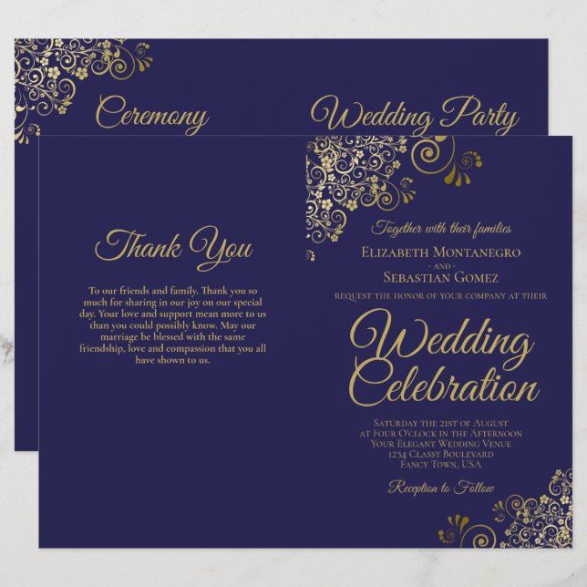 Navy & Gold DIY Fold Wedding Program Invite Combo (Front/Back)