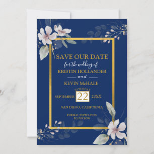 Navy Gold Dusty White flowers watercolor Save The Date
