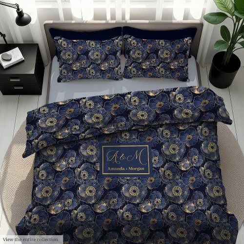 Navy Gold Duvet Cover Personalized Floral Gift