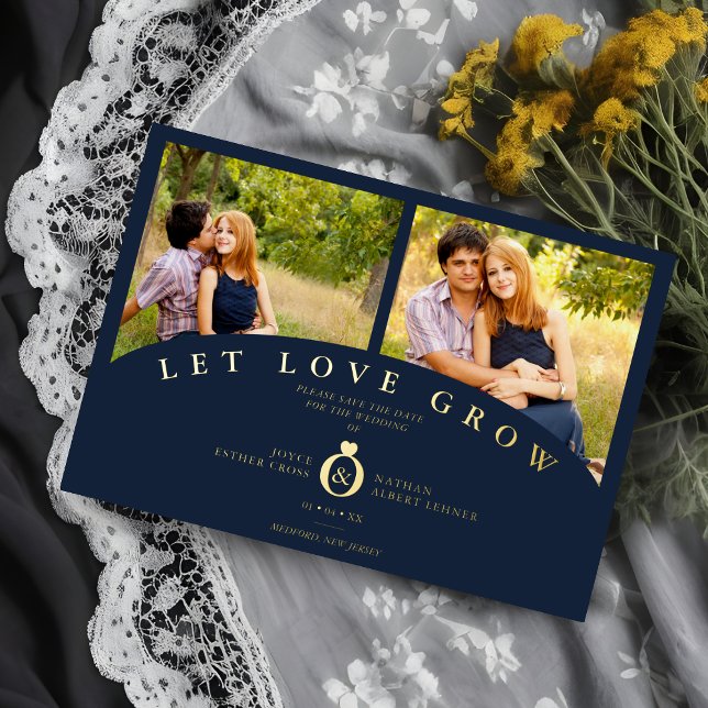 Navy Gold Elegant 2 Photos let Love Grow Wedding Foil Invitation (Navy Gold Elegant 2 Photos let Love Grow Wedding Real Metallic Foil Save the Card with Envelope. )