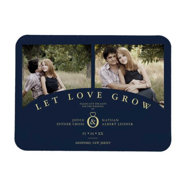Navy Gold Elegant 2 Photos let Love Grow Wedding Magnet (Horizontal)