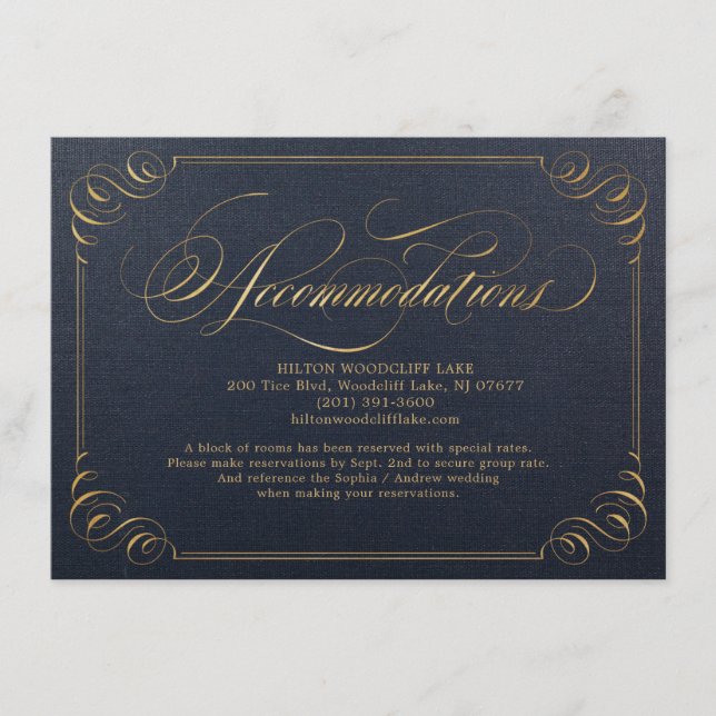Navy gold elegant calligraphy accommodation enclosure card (Front)