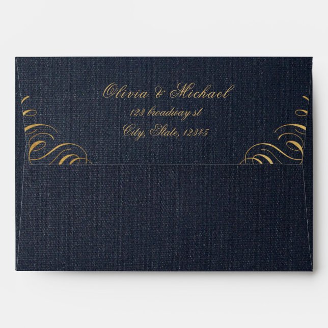 Navy gold elegant calligraphy vintage wedding envelope (Back (Top Flap))