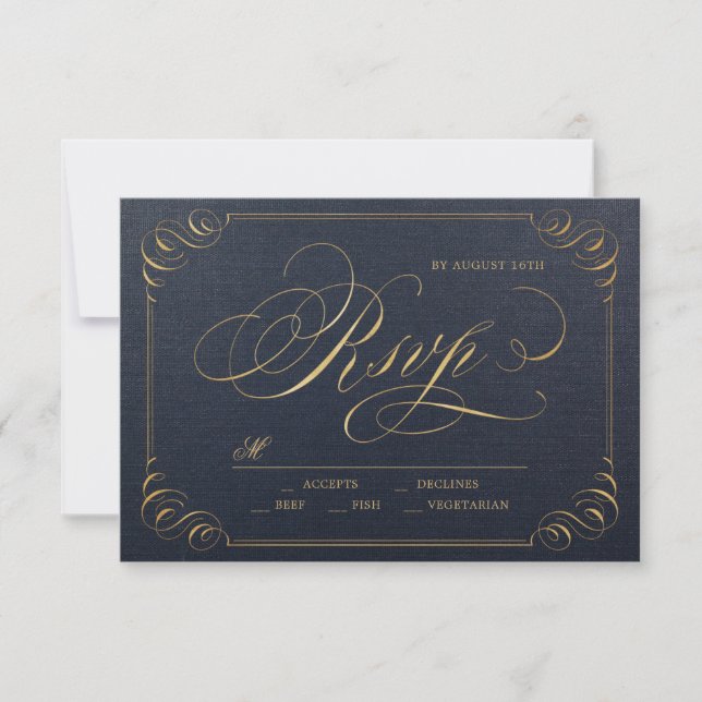 Navy gold elegant calligraphy vintage wedding RSVP (Front)