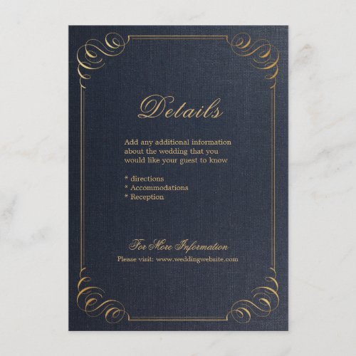 Navy gold elegant calligraphy wedding details enclosure card