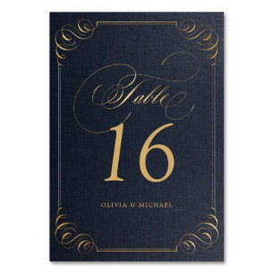 Navy gold elegant calligraphy wedding table number