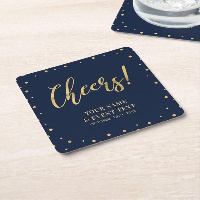 Navy & Gold | Elegant Classic Adult Birthday Party Square Paper Coaster (Angled)