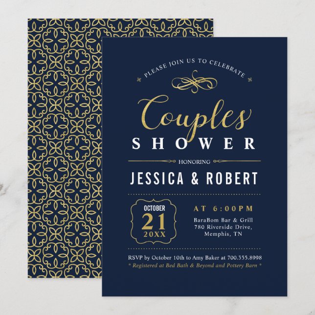 Navy & Gold | Elegant Couples Wedding Shower Invitation (Front/Back)