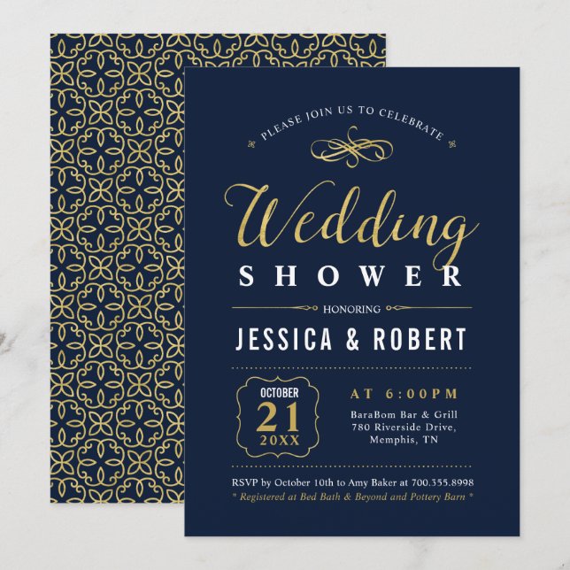 Navy & Gold | Elegant Couples Wedding Shower Invitation (Front/Back)