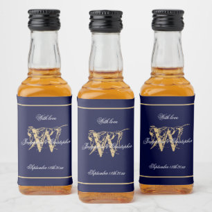 Navy & Gold Elegant Monogram Chic Wedding Mini Liquor Bottle Label