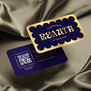Navy & Gold Elegant QR Code Lashes Beauty Salon Business Card