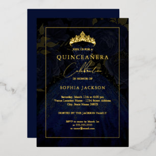 Navy Gold Elegant Rose Dress Quinceanera  Foil Invitation