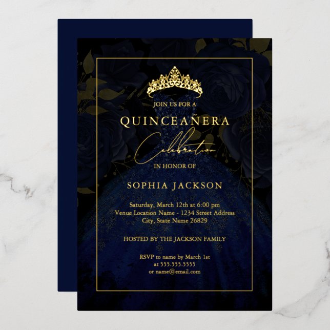 Navy Gold Elegant Rose Dress Quinceanera  Foil Invitation (Front/Back)