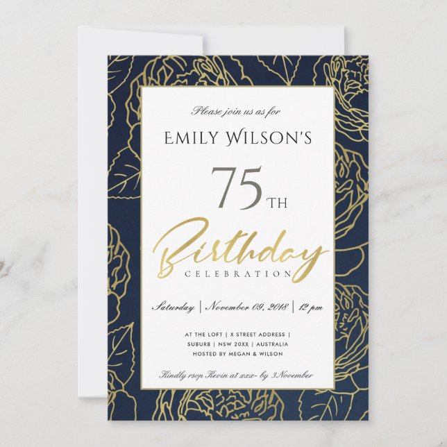 NAVY GOLD ELEGANT ROSE FLORAL ANY AGE BIRTHDAY INVITATION (Front)