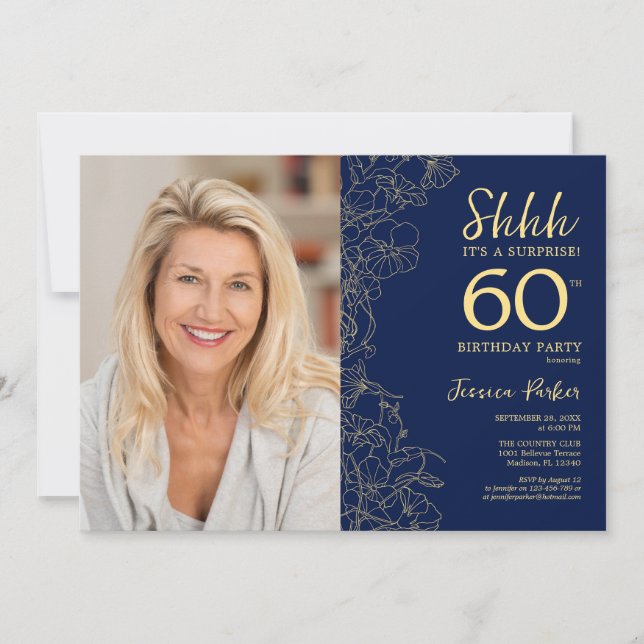 Navy Gold Elegant Surprise Photo 60th Birthday Invitation (Front)