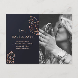 Navy gold elegant wedding. Blue Save the Date Postcard