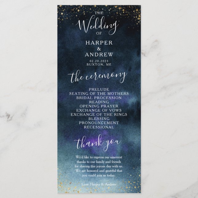 Navy Gold Elegant Wedding Ceremony Program (Front)