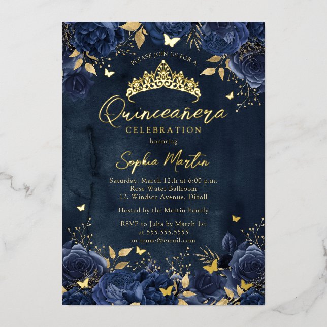 Navy Gold Enchanting Floral Butterfly Quinceanera Foil Invitation (Front)
